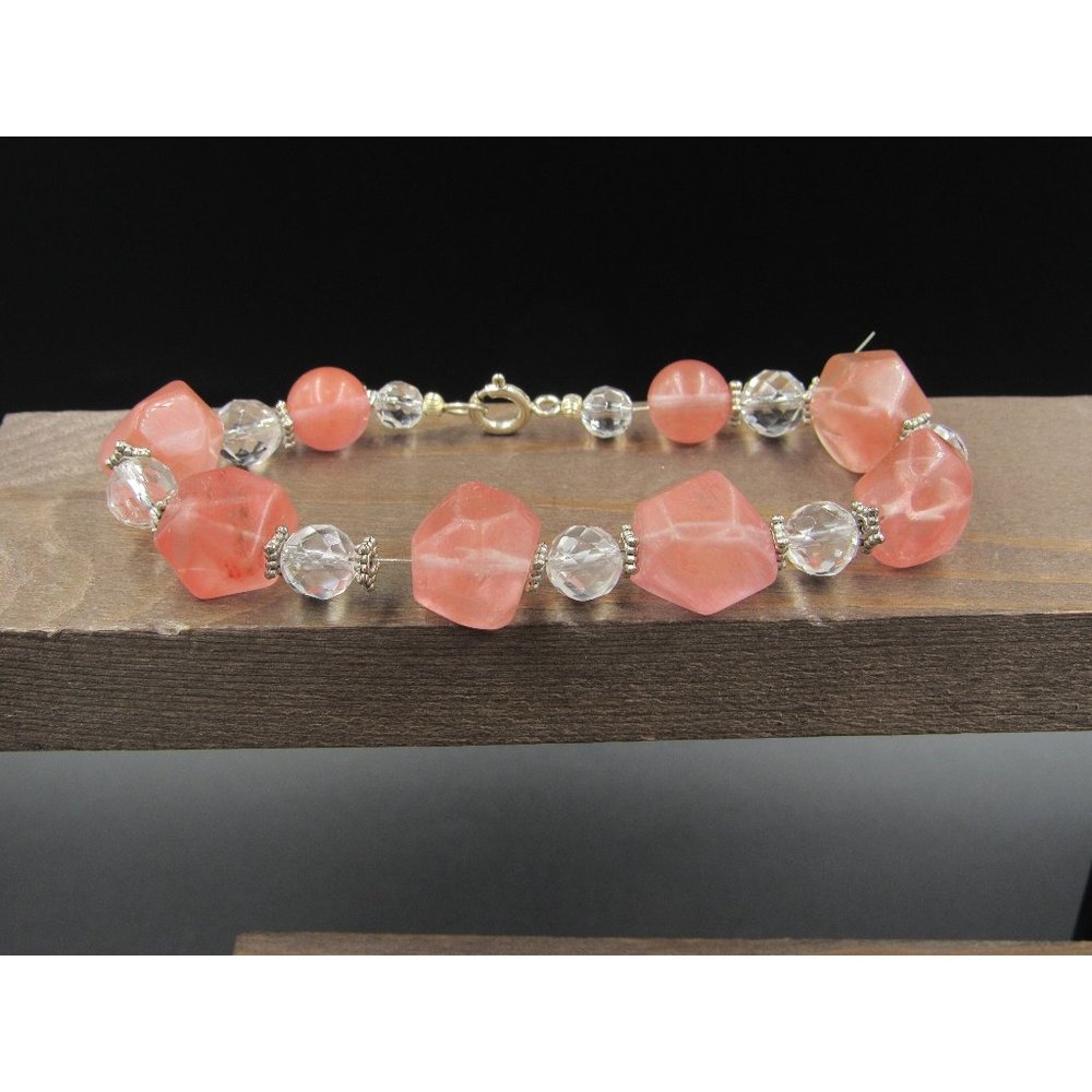 8" Sterling Silver Faceted Quartz And Peach Stone Bracelet Vintage Elegant